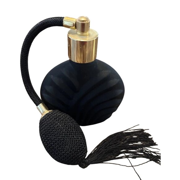 Vintage Perfume Atomizer Enesco Black Matte Satin Glass Fan Shell Bottle - Picture 1 of 7